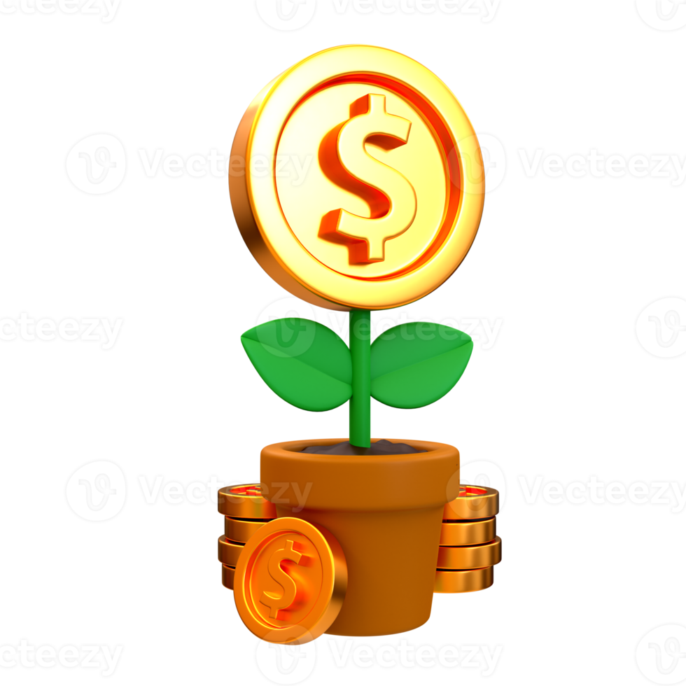 3d minimal financial growth concept. Higher foreign exchange rates. small tree with a coin as a flower and a pile of coins. 3d rendering illustration. png