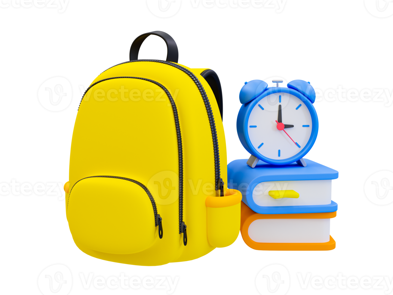 3d minimal back-to-school concept. Colleague elements. Classroom compositions. School bag with an alarm clock and a pile of books. 3d illustration. png