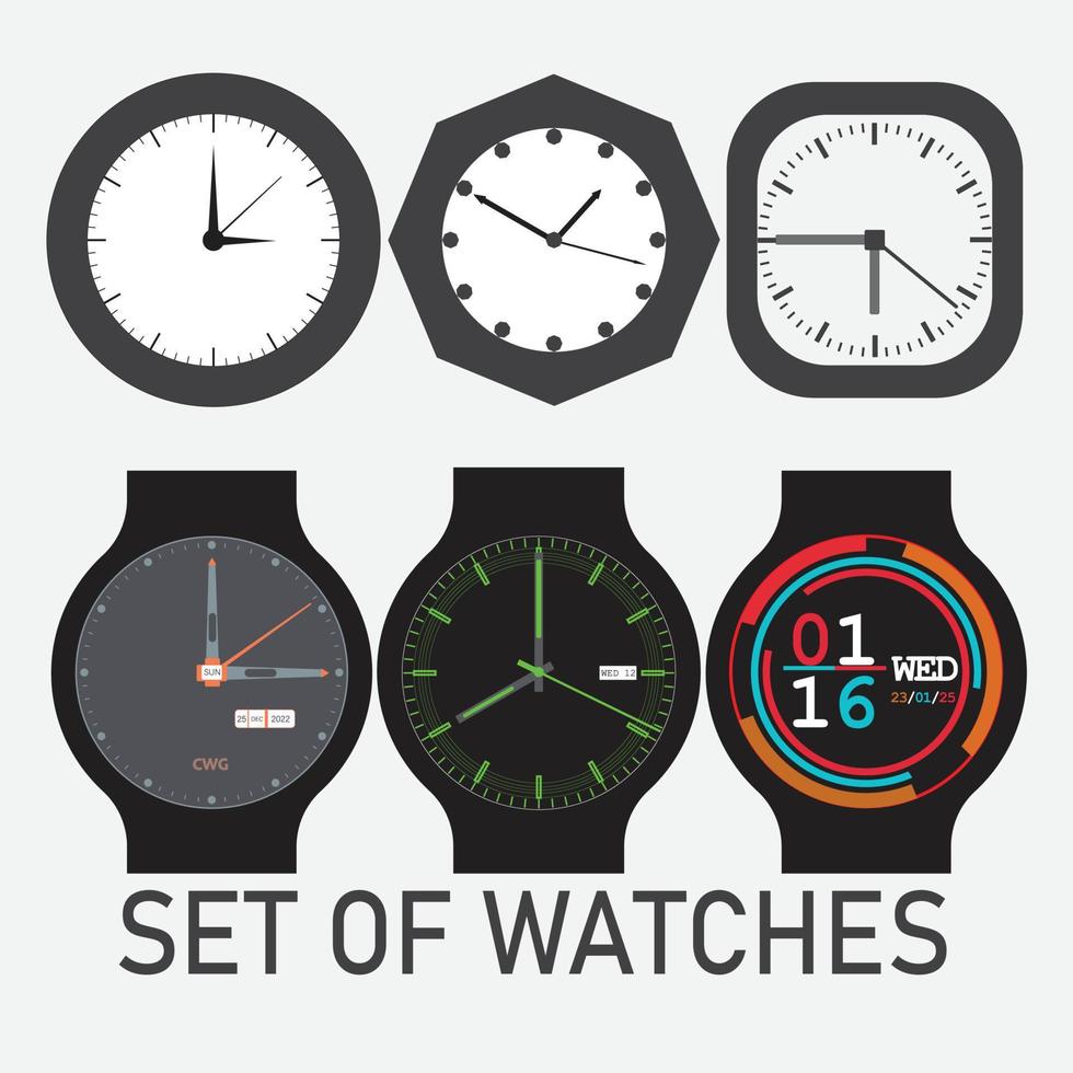 Set of watches. Vector set of wall clock and wrist watches. Collections of watch faces. Watches collection isolated on white background.