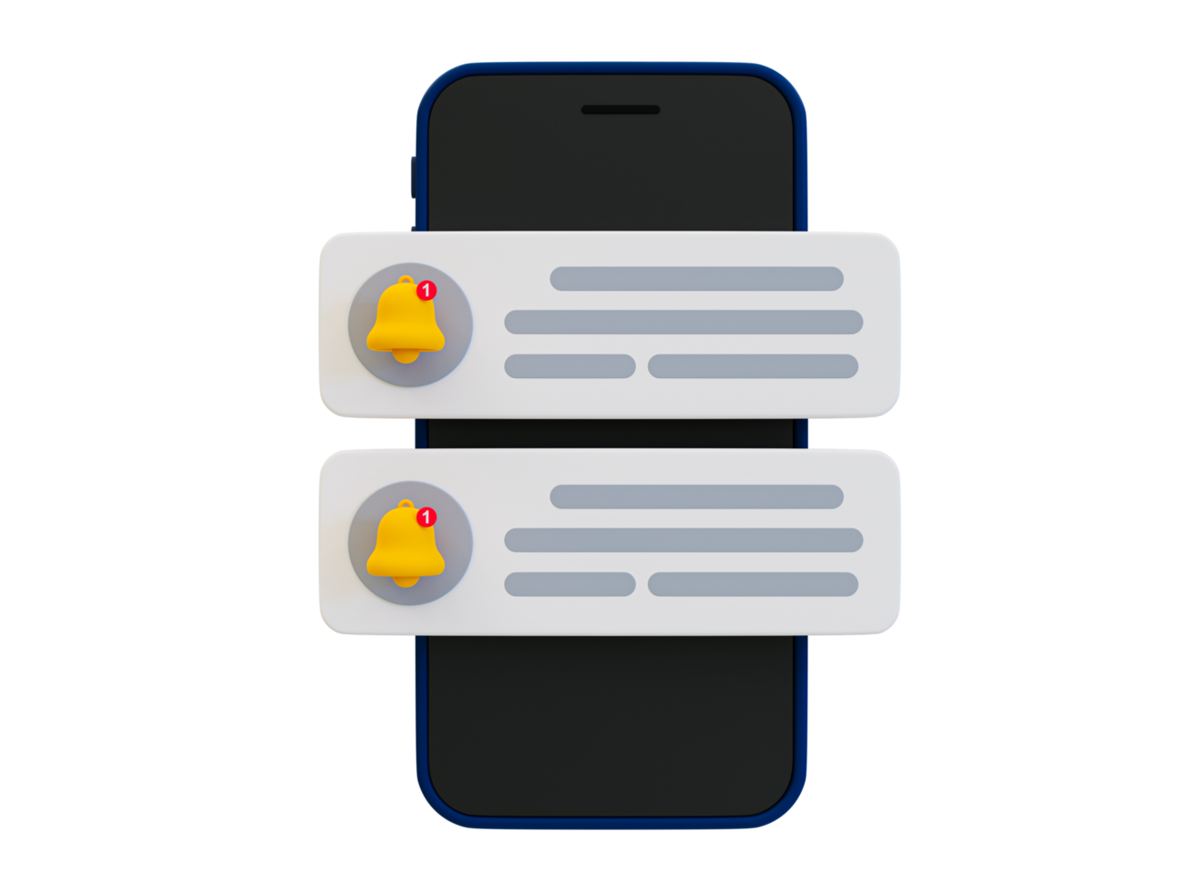 Recordatorio mínimo de mensajes no leídos en 3d. notificación de mensajes de chat en redes sociales. ventana emergente de notificación. teléfono inteligente con un ícono de campana y un ícono de mensaje de chat. ilustración 3d png