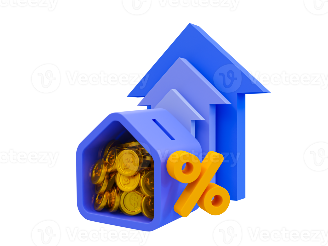 3d minimal money-saving concept. Deposits earn more interest. collecting money for retirement. A house piggy bank with a percent icon and arrow rising. 3d illustration. png