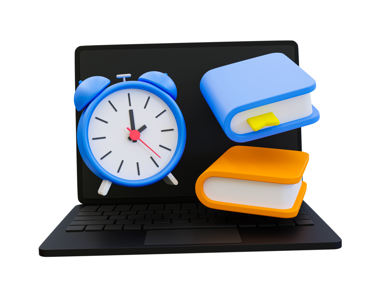 3d minimal back-to-school concept. online education. online learning. Laptop with an alarm clock, and books 3d rendering illustration. png