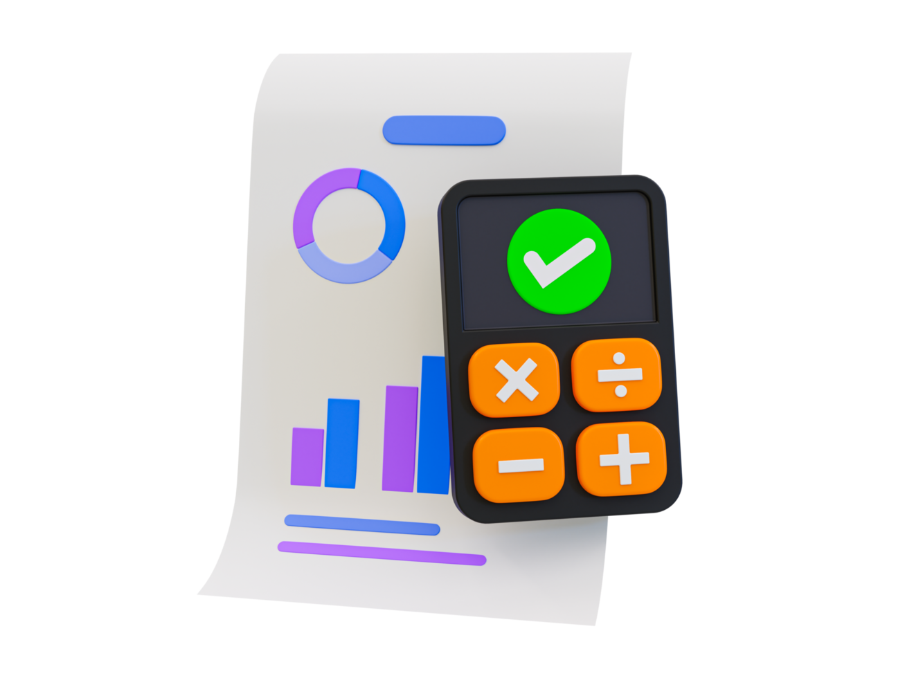 3d minimal marketing strategy concept. business data analysis. Statistic paper and calculator with a check mark. 3d illustration. png