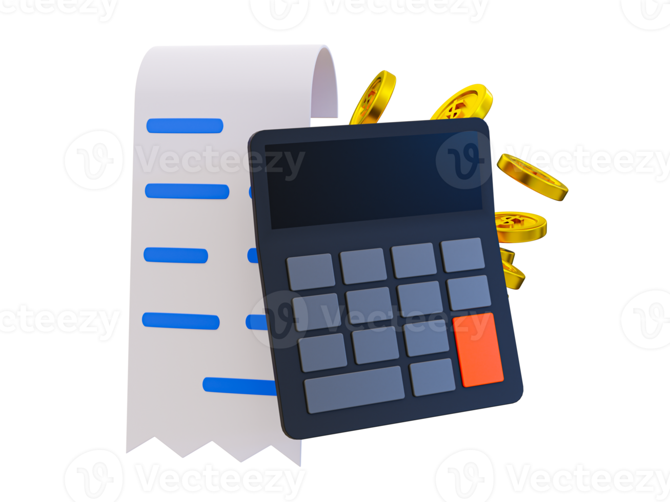 3d minimal shopping payment and checkout. online shopping concept. Bill with a calculator and a pile of coins. 3d rendering illustration. png