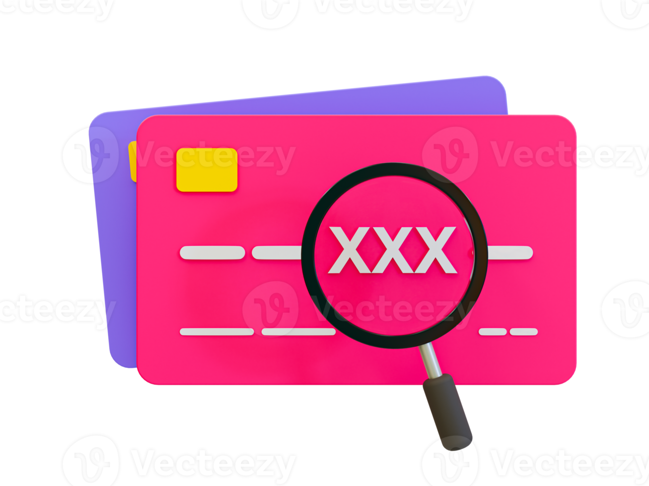 3d minimal credit card password scanning. password peeping concept. password spying concept. .credit card with a magnifying glass. 3d illustration. png