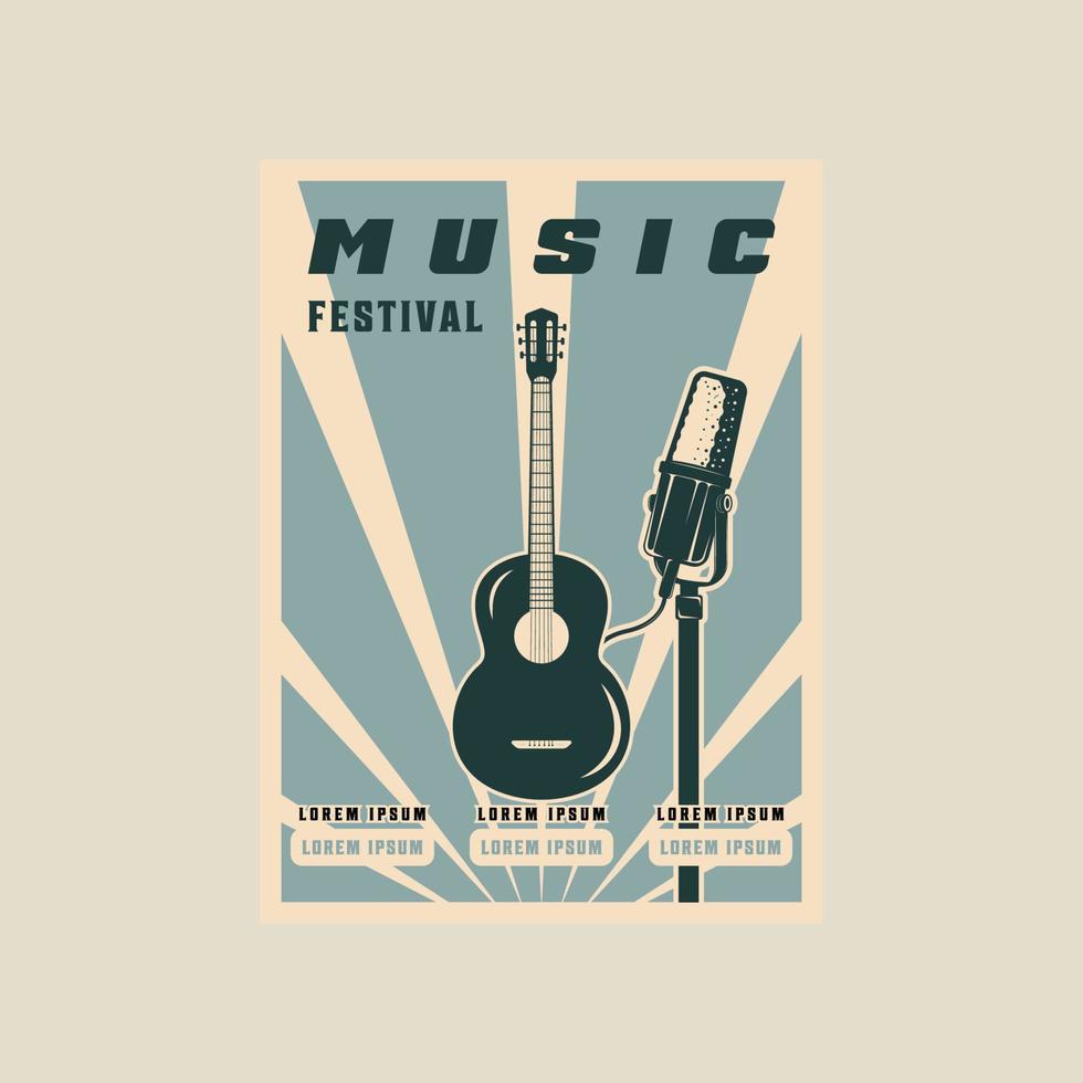 microphone and acoustic guitar vector poster vintage minimalist illustration template graphic  design. song festival banner invitation or inscription live music and place for text in retro style