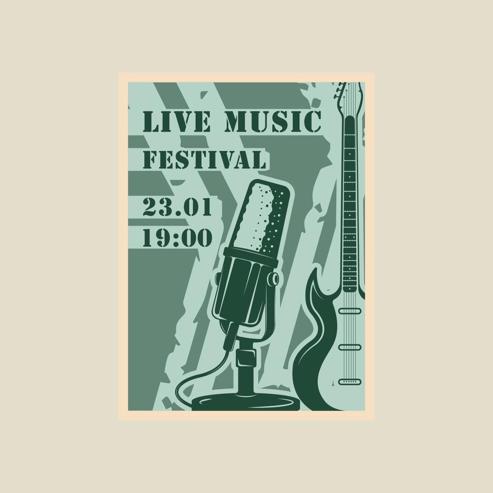 microphone and electric guitar vector poster vintage minimalist illustration template graphic  design. song festival banner invitation or inscription live music and place for text in retro style