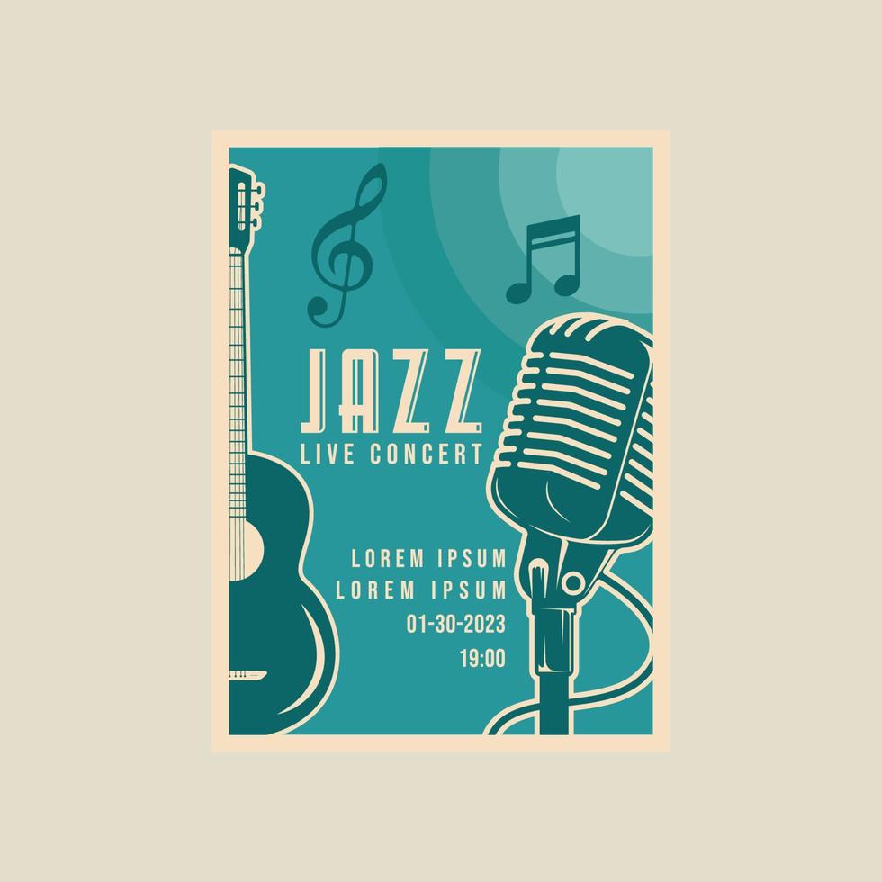 microphone and acoustic guitar vector poster vintage minimalist illustration template graphic  design. jazz festival banner invitation or inscription live music and place for text in retro style