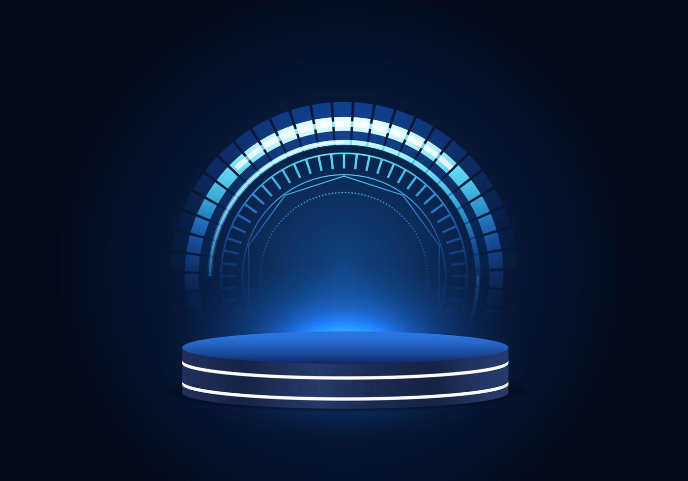Technological product placement podium in blue tones And the light of the neon lights increases the interest of the product. The background is a technology wheel. to increase sales vector