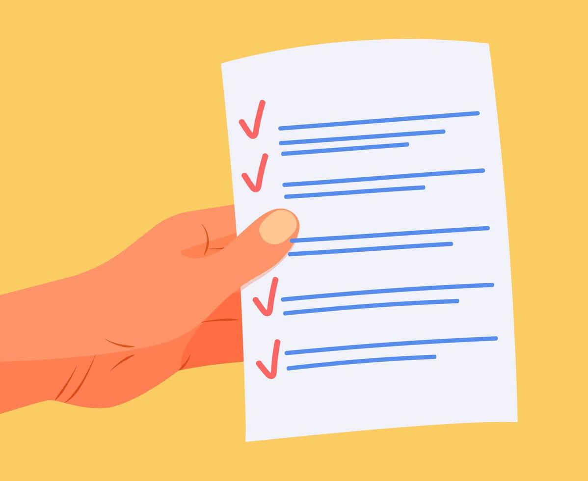 Check list with hand on bright yellow background. Vector illustration of plan with checkmarks in flat style. Proposal to fill in questionnaire