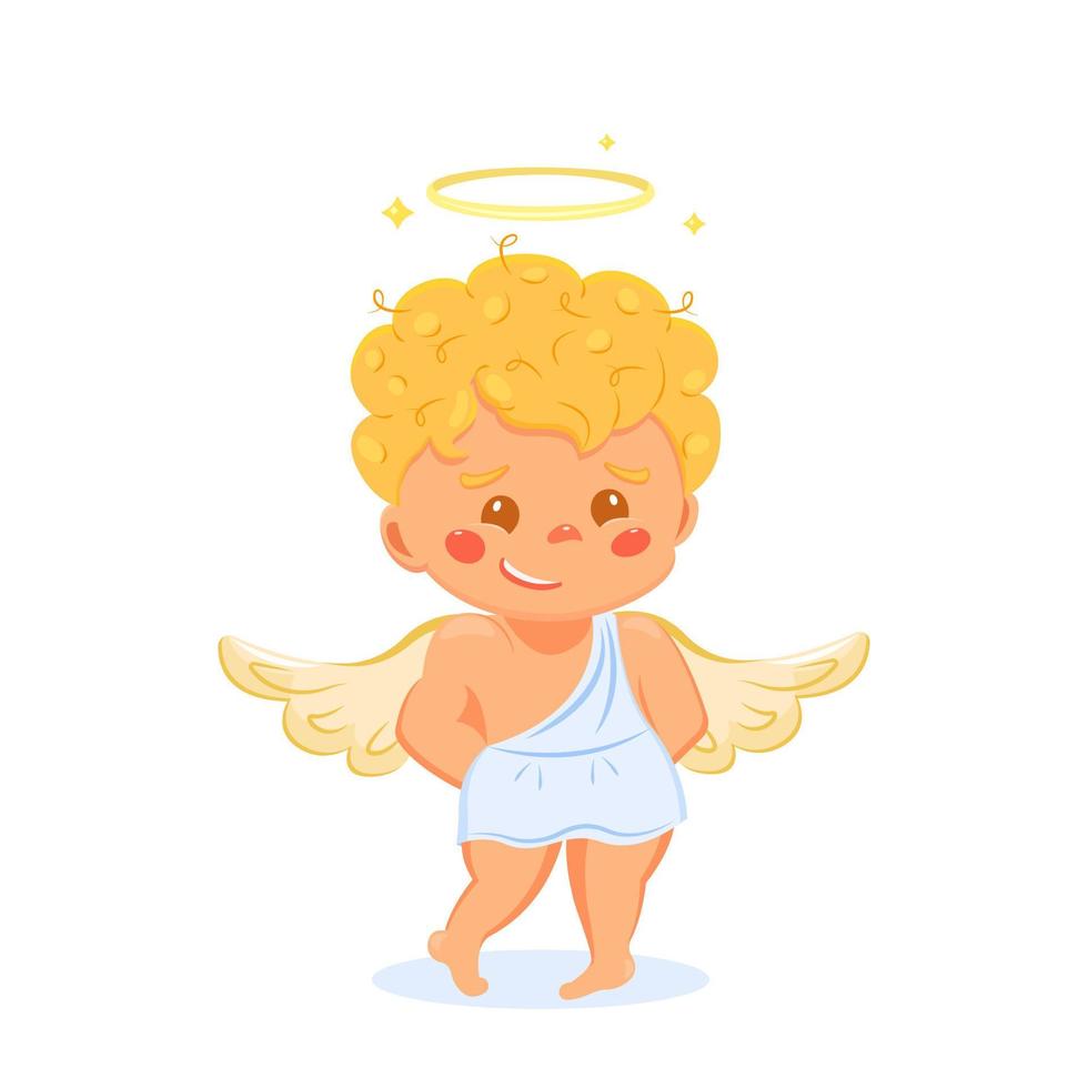 Cherub child with halo is confused. Blond cute angel for valentine s day. Vector illustration of a holy boy