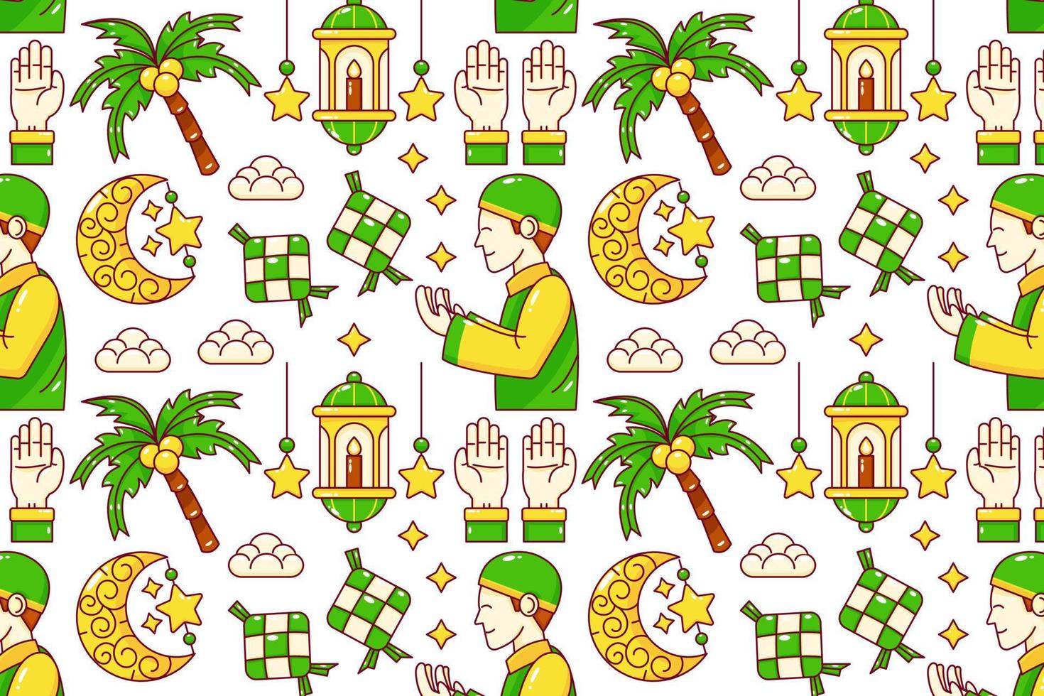 Ramadan kareem. Praying people, coconut trees, drums, teapots, lamps, mosques, and moon patterns vector