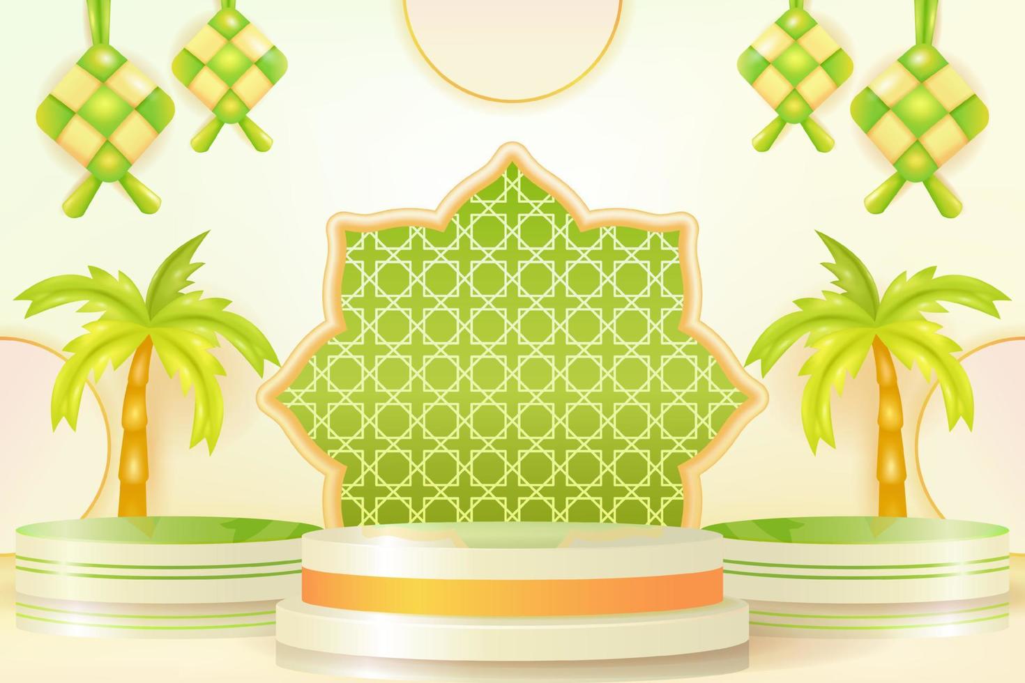 Soft and elegant Islamic podium with coconut tree, mosque, lamp and curtain ornaments. 3d realistic vector