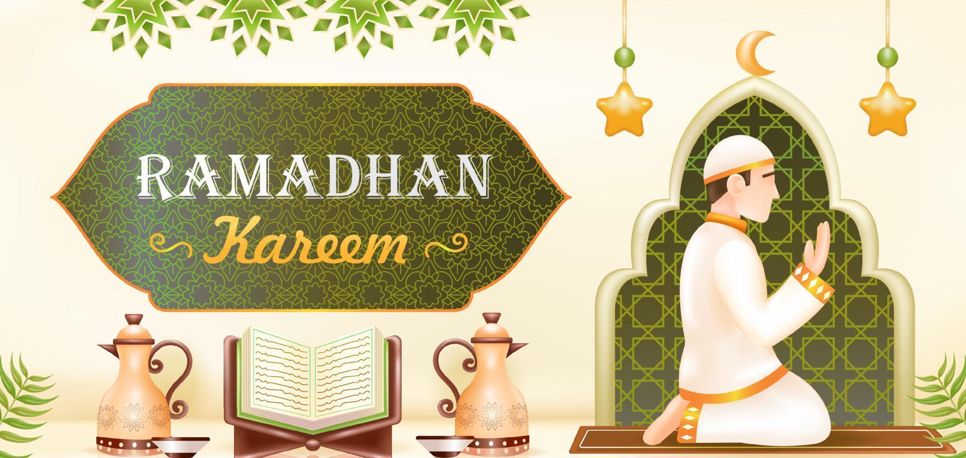 Ramadan kareem. 3d illustration of a mosque, lamp, drum, podium, and a man praying vector