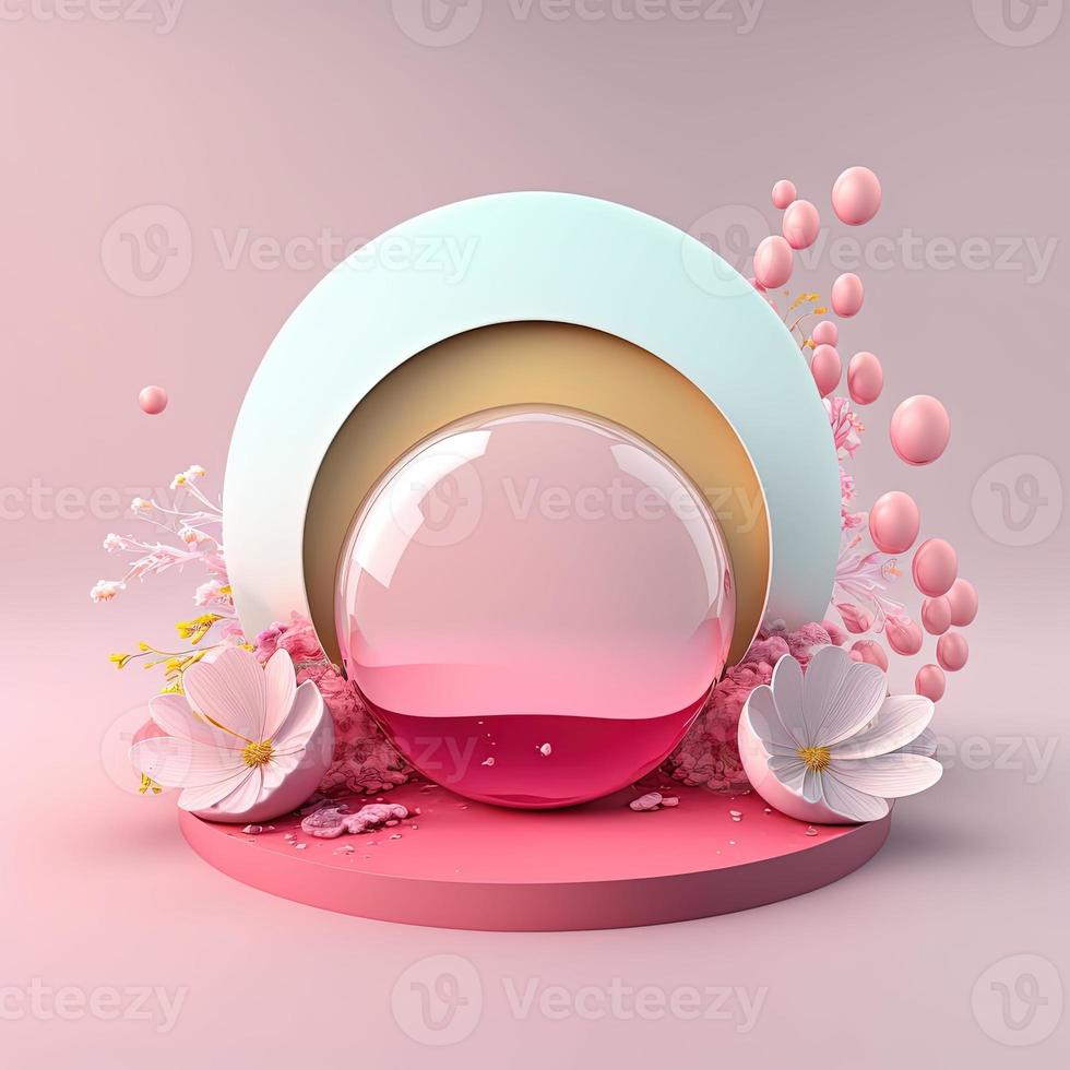 Glossy 3D Pink Podium with Eggs and Flowers Decoration for Easter Celebration Product Showcase photo