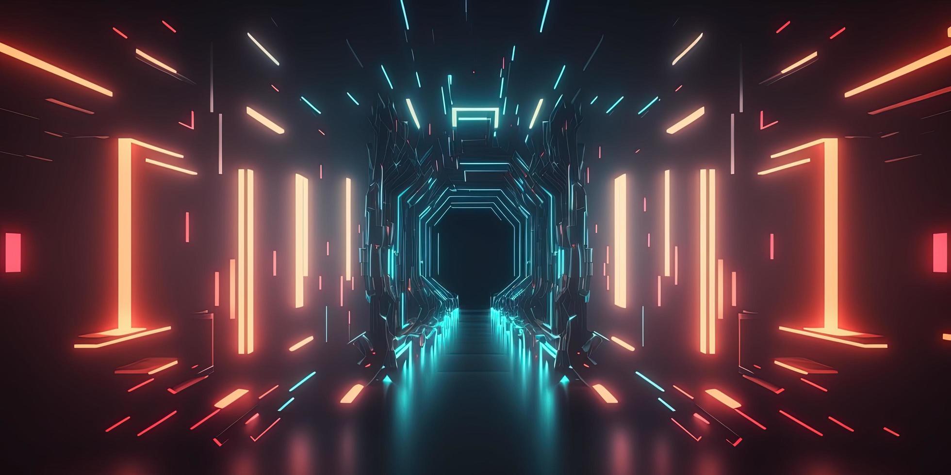 Artificial Intelligence Tech Background with Futuristic Tunnel Neon Light photo