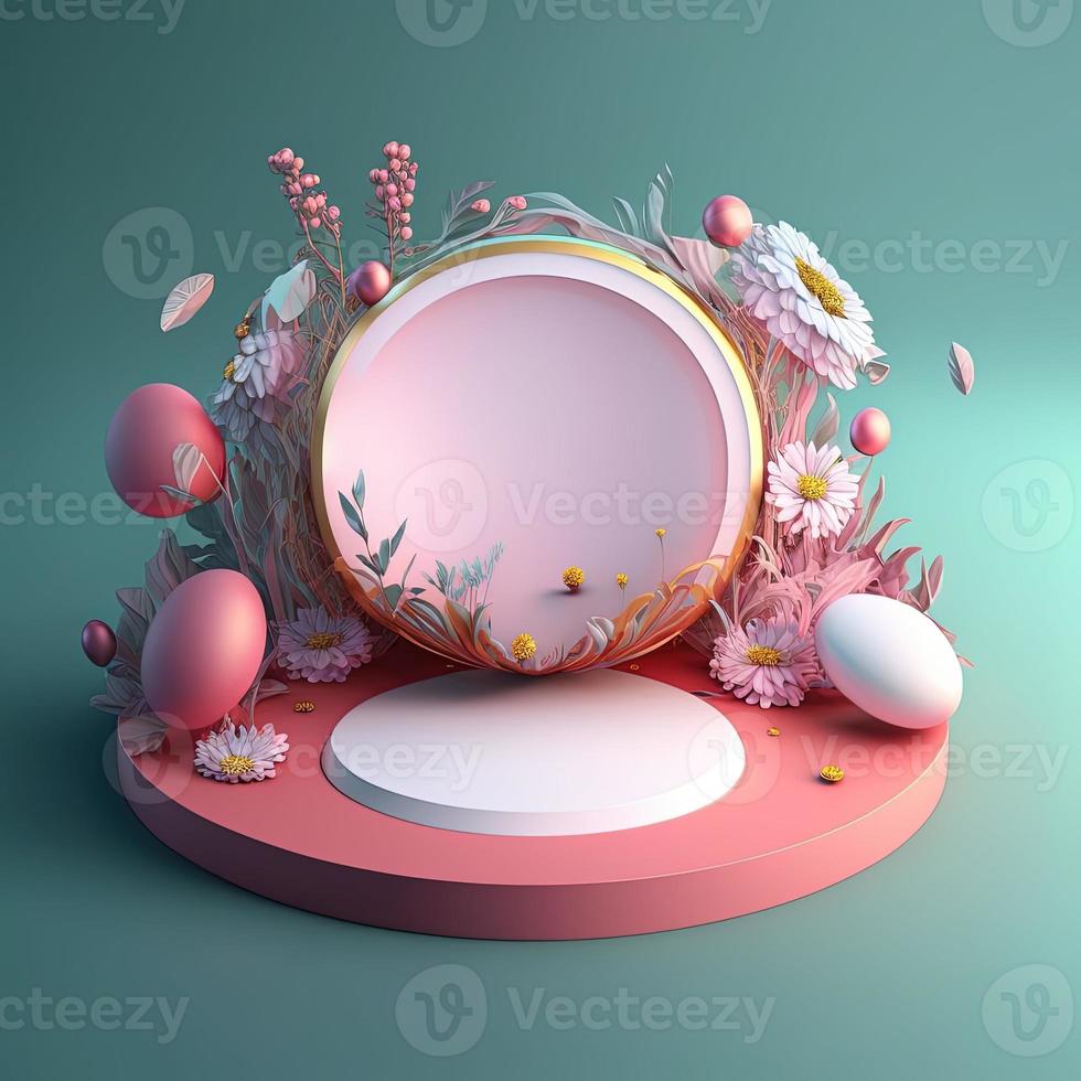 Shiny 3D Pink Podium with Eggs and Flowers Ornament for Easter Celebration Product Display photo