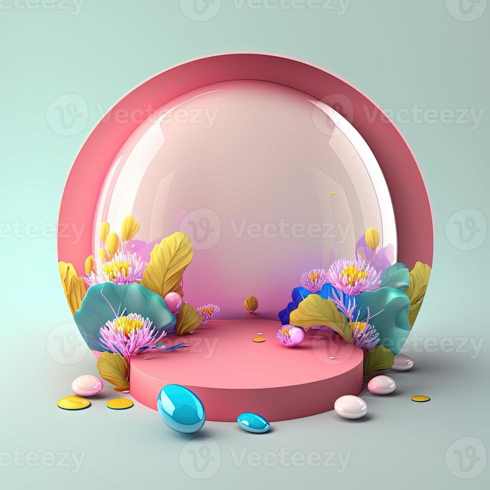 Shiny 3D Pink Podium with Eggs and Flowers for Easter Celebration Product Display photo