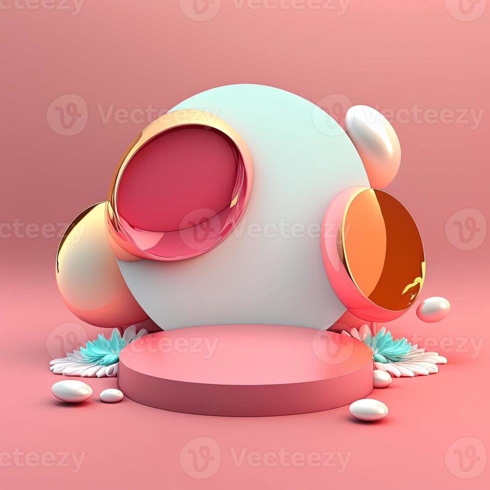 Glossy 3D Pink Podium with Eggs and Flowers Decoration for Easter Day Product Presentation photo