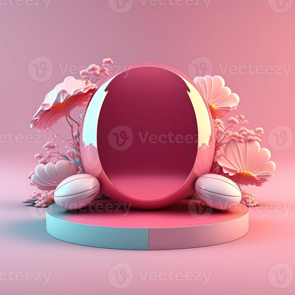 Glossy 3D Pink Stage with Eggs and Flowers Ornament for Easter Day Product Showcase photo