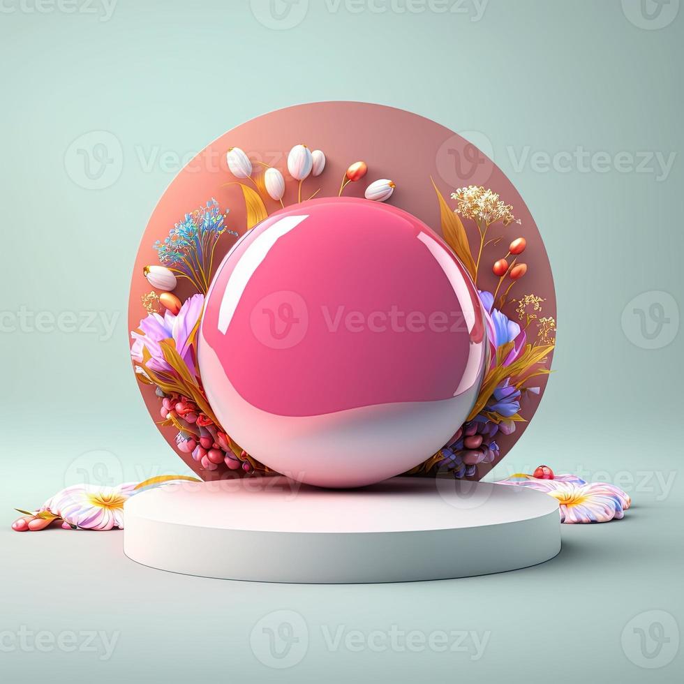 Shiny 3D Podium with Eggs and Flowers for Easter Product Showcase photo