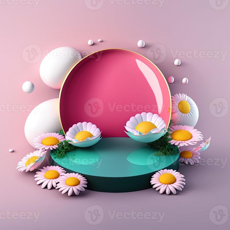 Shiny 3D Pink Podium with Eggs and Flowers for Easter Product Display photo