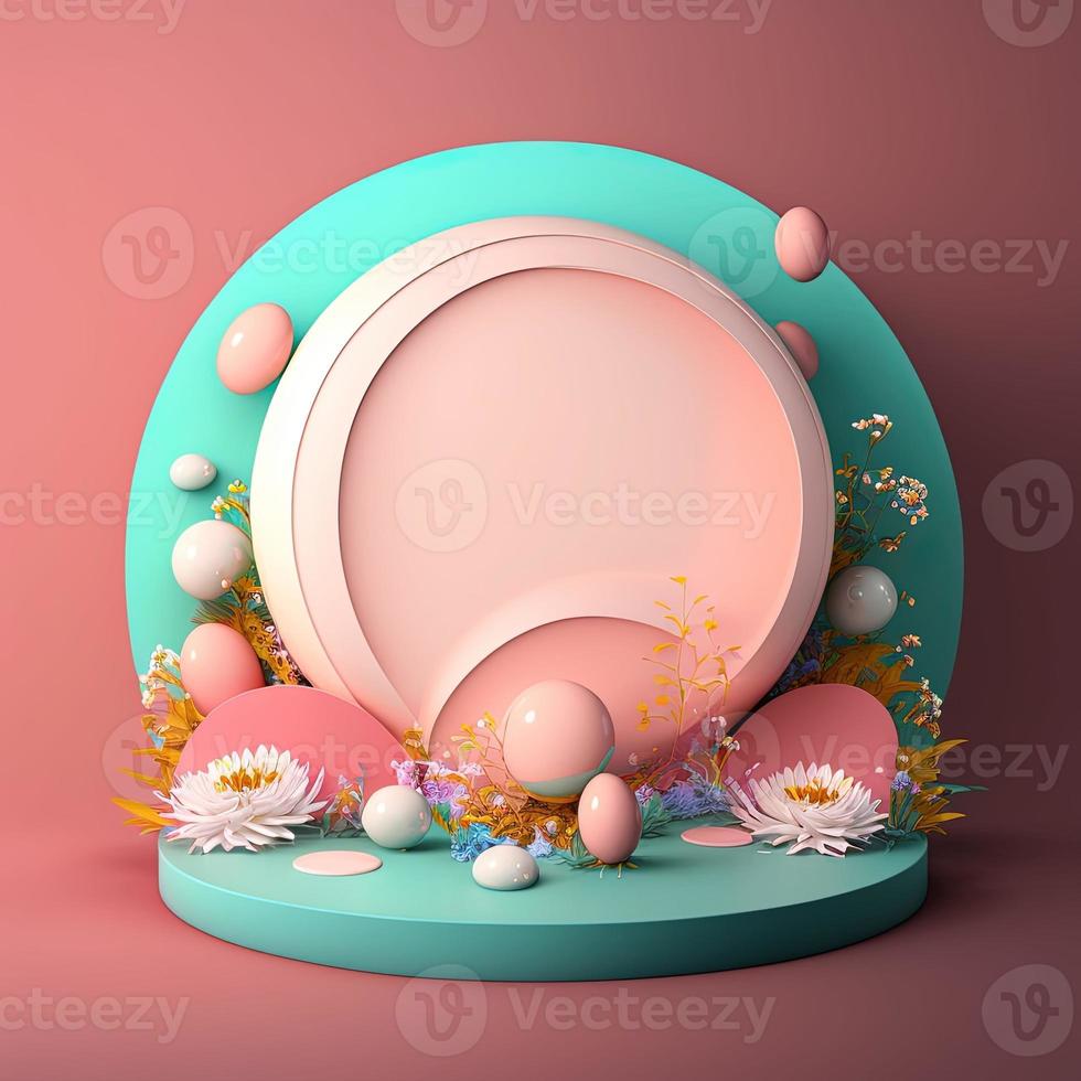 Glossy 3D Stage with Eggs and Flowers for Easter Day Product Presentation photo