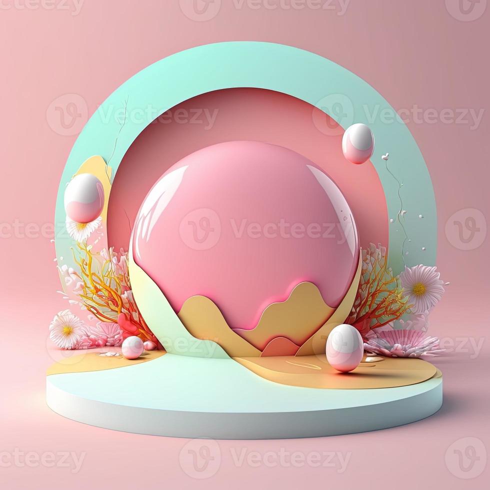 Glossy 3D Podium with Eggs and Flowers for Easter Day Product Presentation photo