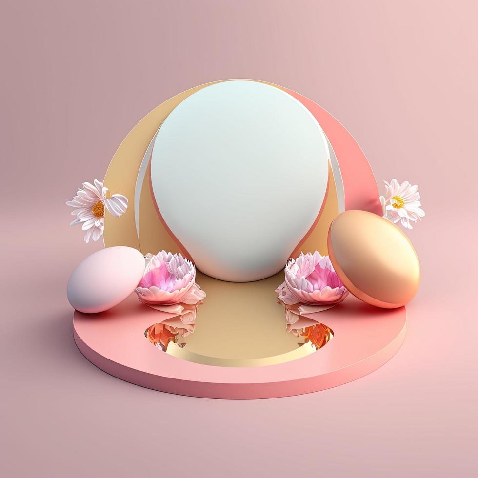 Shiny 3D Pink Stage with Eggs and Flowers Ornament for Easter Day Product Showcase photo