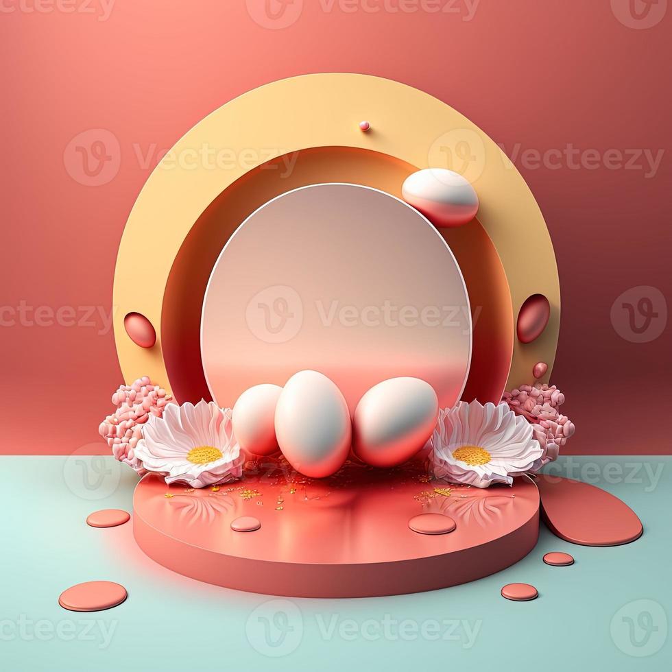 Shiny 3D Stage with Eggs and Flowers Ornament for Easter Day Product Display photo