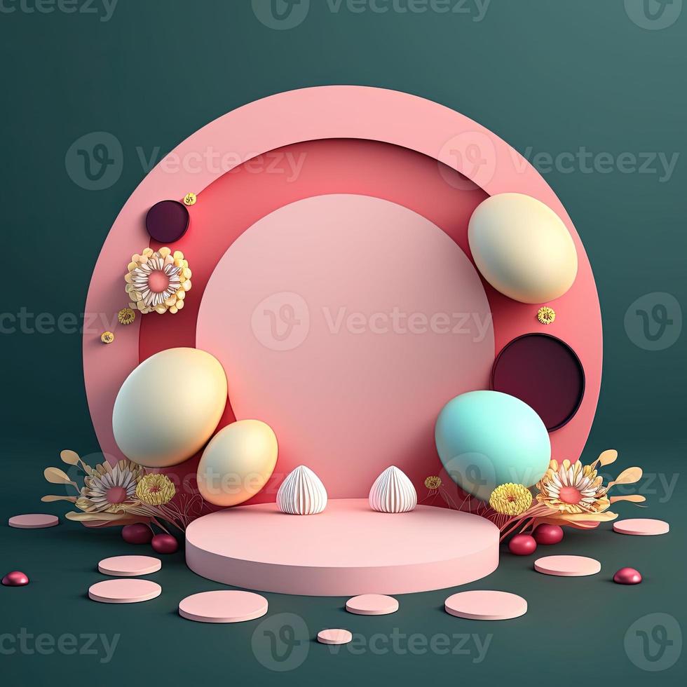 Glossy 3D Podium with Eggs and Flowers Decoration for Easter Celebration Product Presentation photo