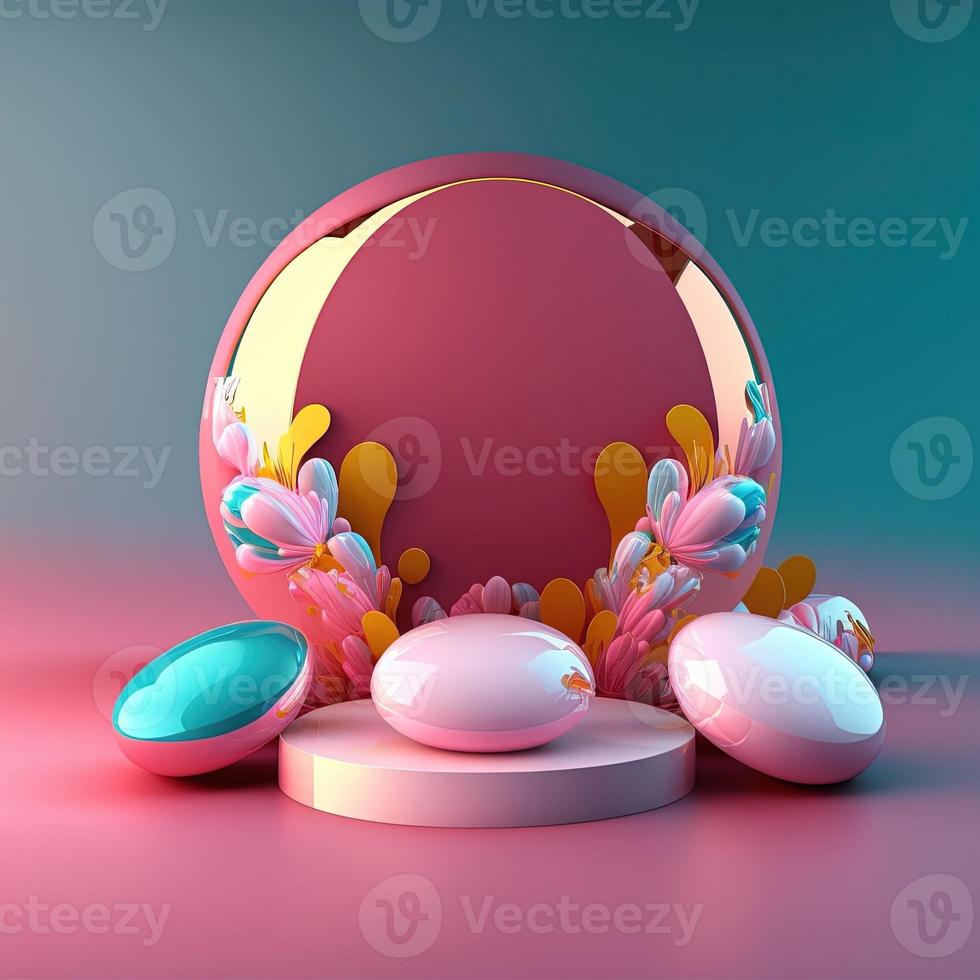 Glossy 3D Pink Stage with Eggs and Flowers for Easter Celebration Product Display photo