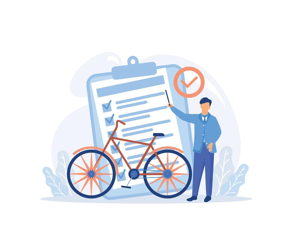 Vehicle insurance illustration. Characters buying car, bicycle and motorbike insurance policy with full coverage and protection. Insured persons and objects.flat vector modern illustration