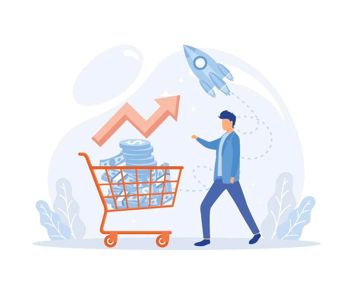 Inflation illustration. Characters buying food in supermarket and worries about groceries rising price. Consumer price index growth and financial crisis concept.  flat vector modern illustration