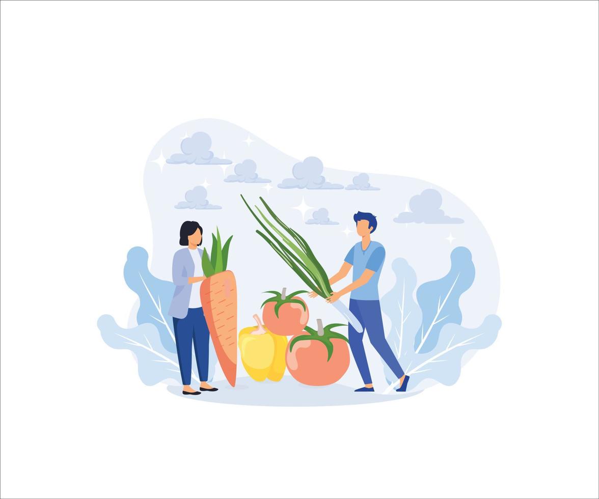 Grocery vegetables illustration. Character buying online and putting in shopping basket or cart fresh vegetables and grocery items. Grocery food and healthy eating concept. vector