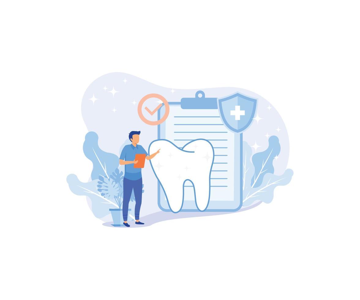 Dental care illustration. Doctor dentist and medical staff taking care about teeth. Professional teeth cleaning, treatment and oral hygiene. Health dental insurance concept. vector