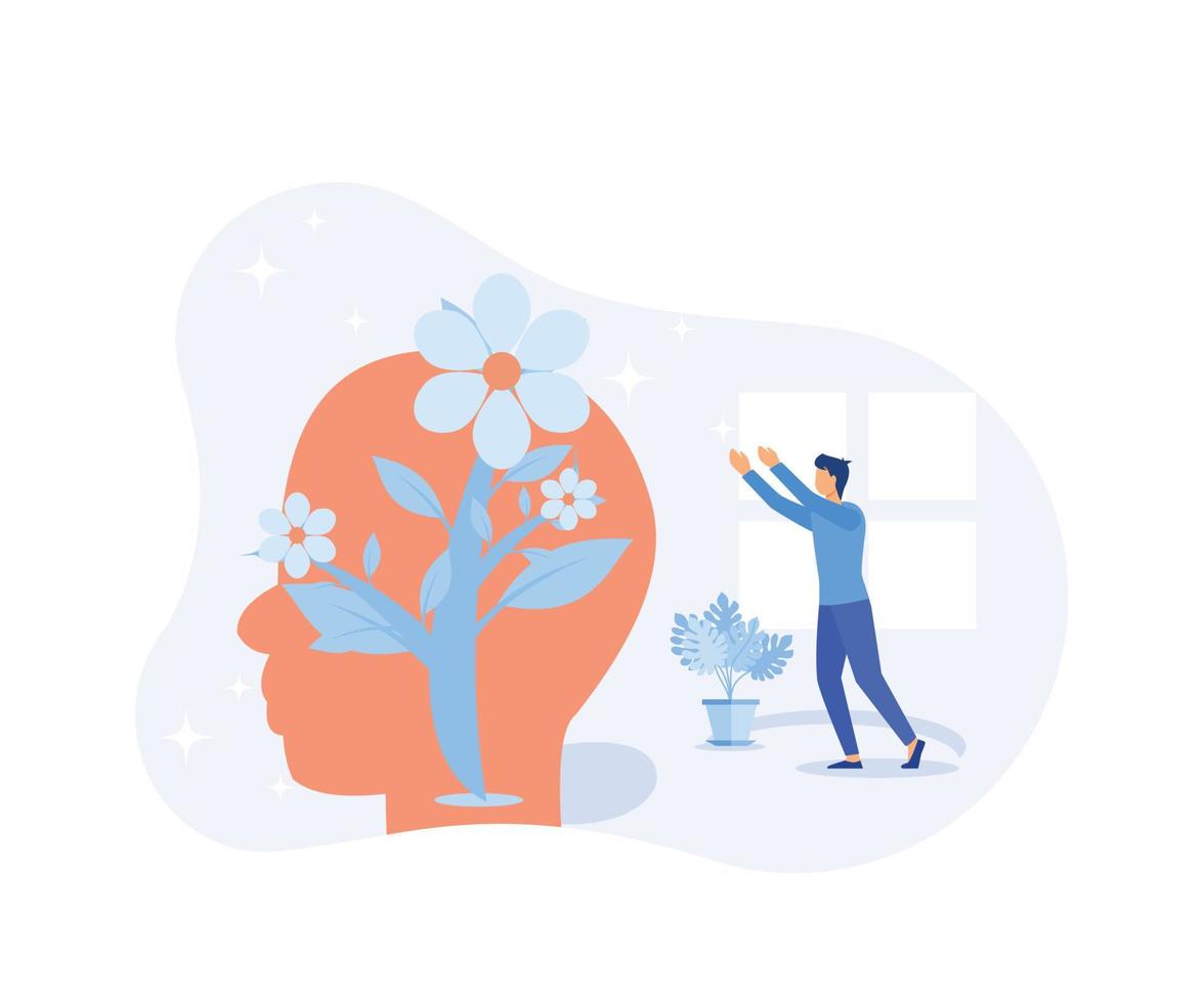 Mental health illustration. Character with mental disorder fight against stress, depression, emotional burnout and other psychological problems. Psychotherapy concept. flat vector modern illustration