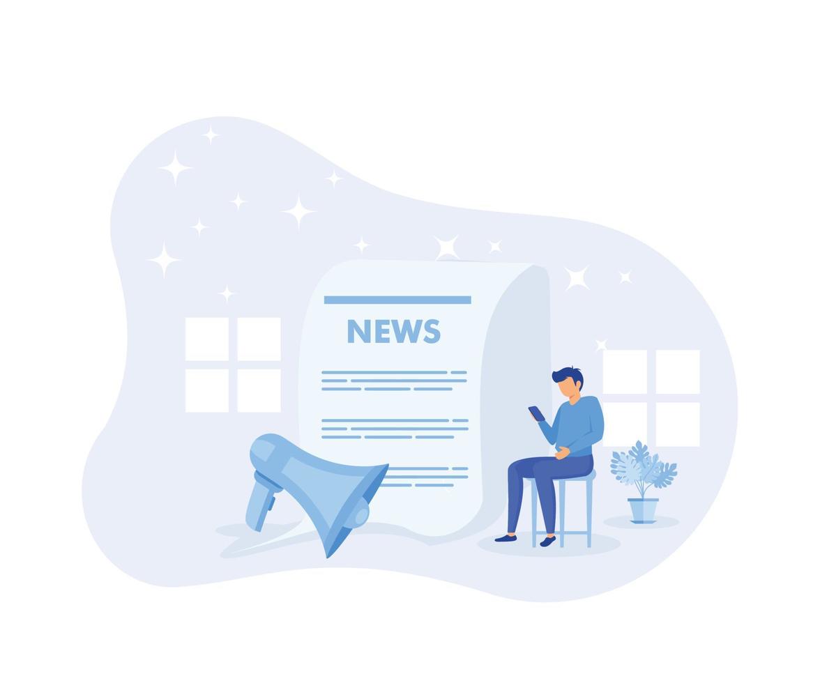 Healthy nutrition illustration. Characters reading financial, economical and world news in newspaper. People analyzing fake information in social media.flat vector modern illustration