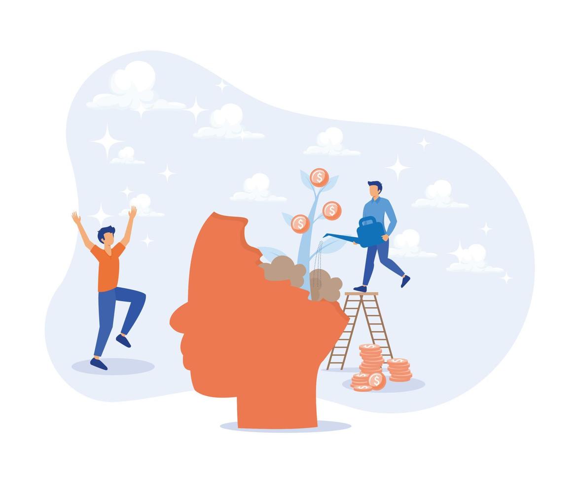 Investment illustration. People characters investing money in self development, health and making savings. Financial management, money savings and deposit growth concept. flat vector illustration