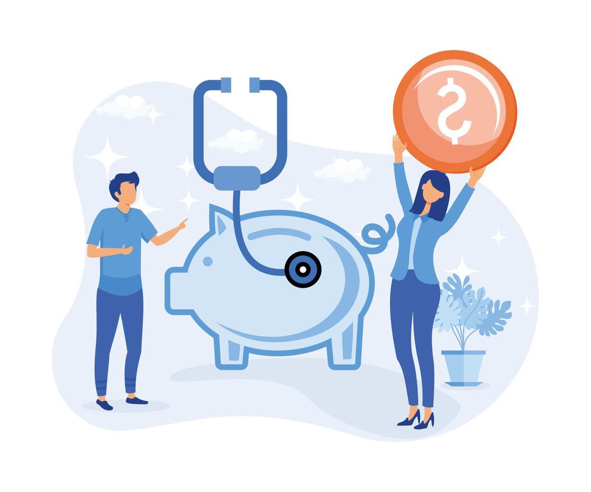 Investment illustration. People characters investing money in self development, health and making savings. Financial management, money savings and deposit growth concept. flat vector illustration