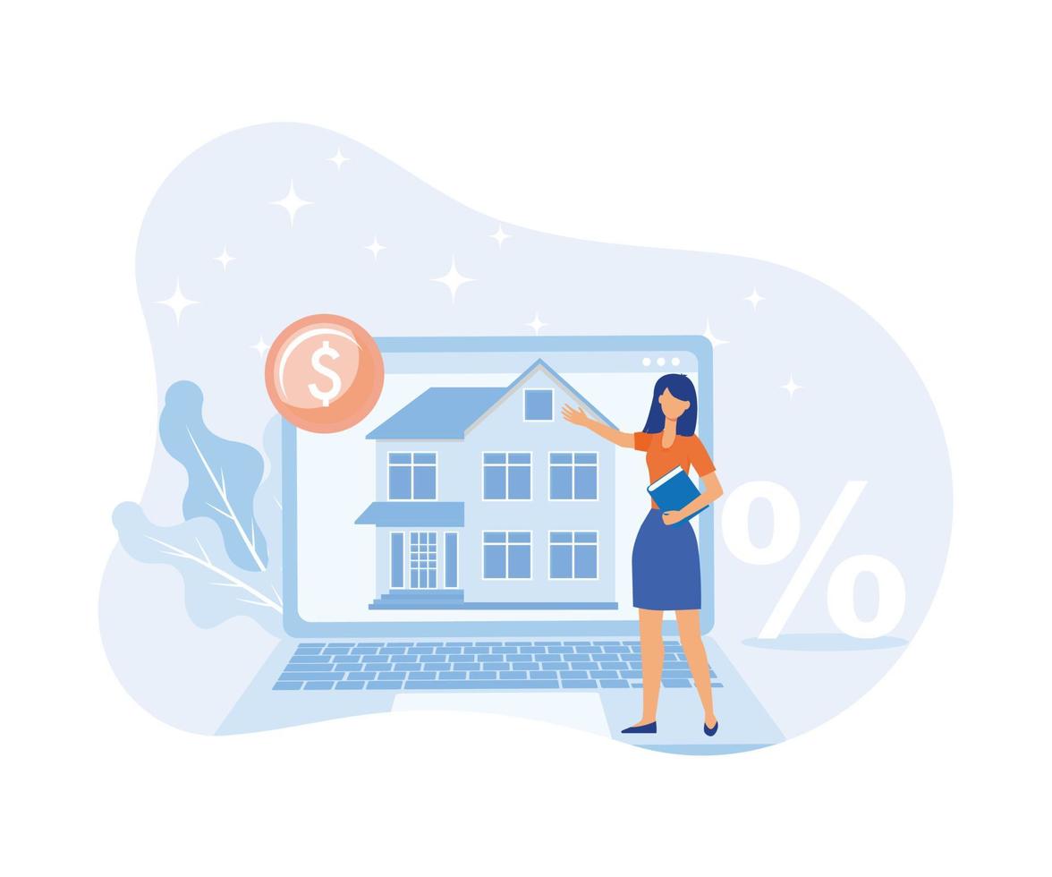 Mortgage process illustration . People buying property with mortgage. Characters getting bank approval, reading contact and legal documents and receiving house keys. flat vector illustration