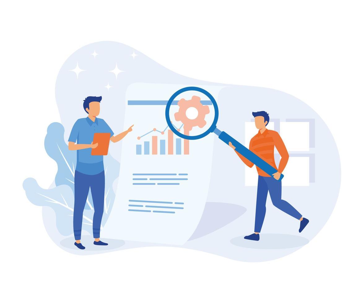 Characters discussing marketing and seo strategy. People analyzing market trends and planning seo optimization. Seo targeting and performance concept. flat vector illustration