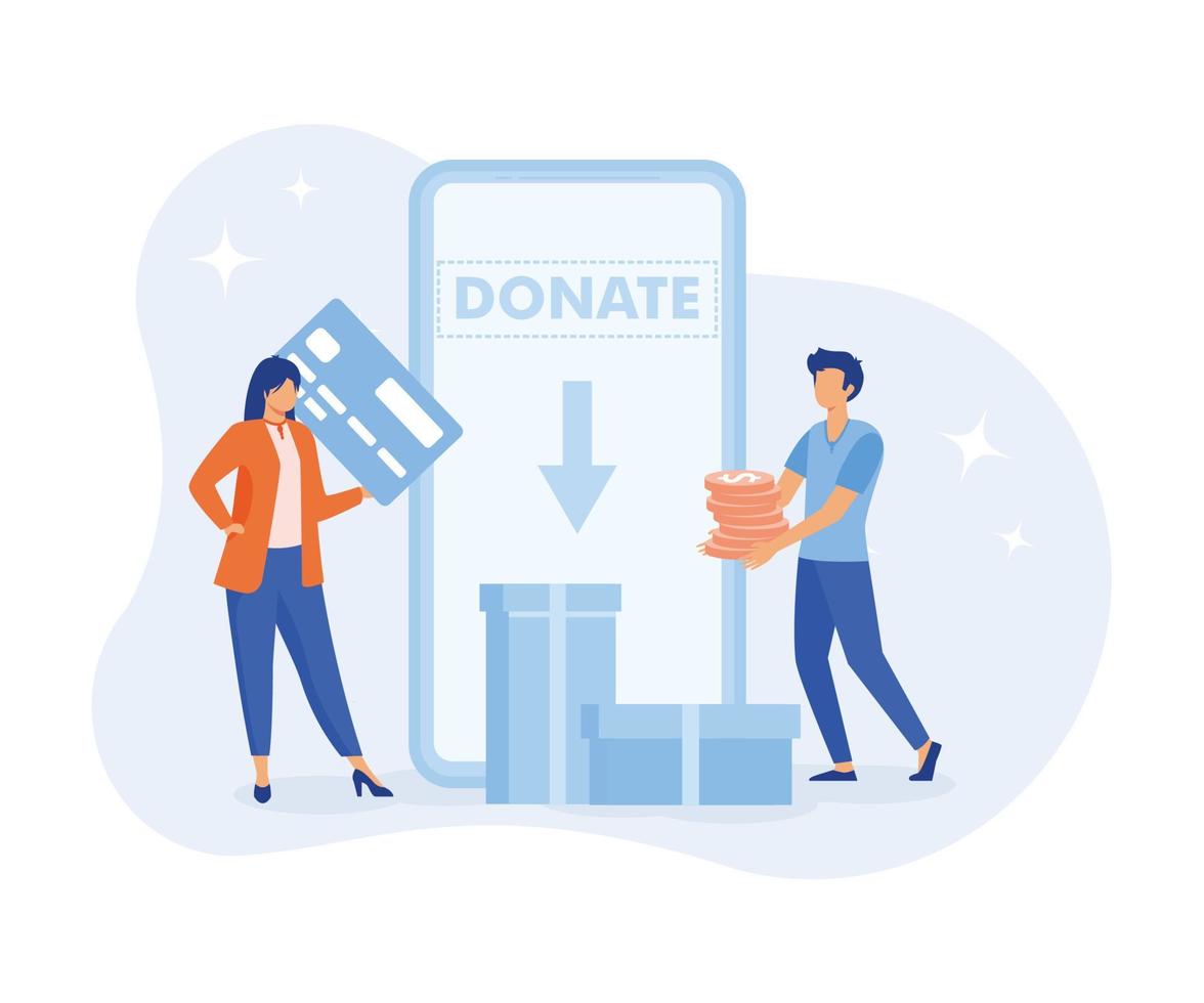 Characters donating money illustration. Volunteers putting coins in donation box and donating with credit card online. Financial support and fundraising concept. flat vector illustration