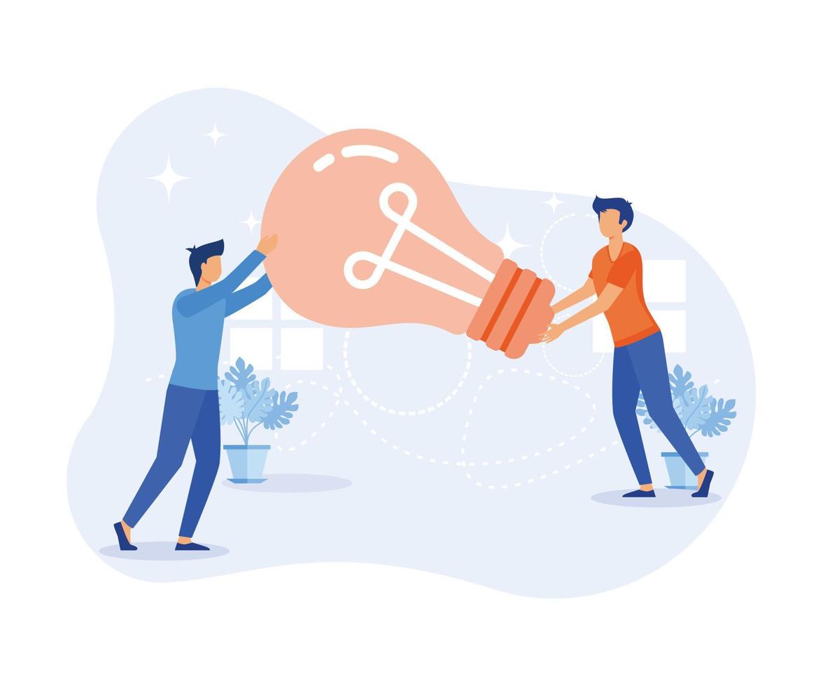 Idea finding illustration. Characters standing near light bulbs and celebrating success. People generating creative business ideas. Business solution concept. flat vector illustration