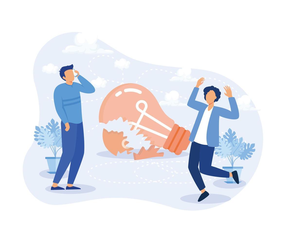 Idea finding illustration. Characters standing near light bulbs and celebrating success. People generating creative business ideas. Business solution concept. flat vector illustration