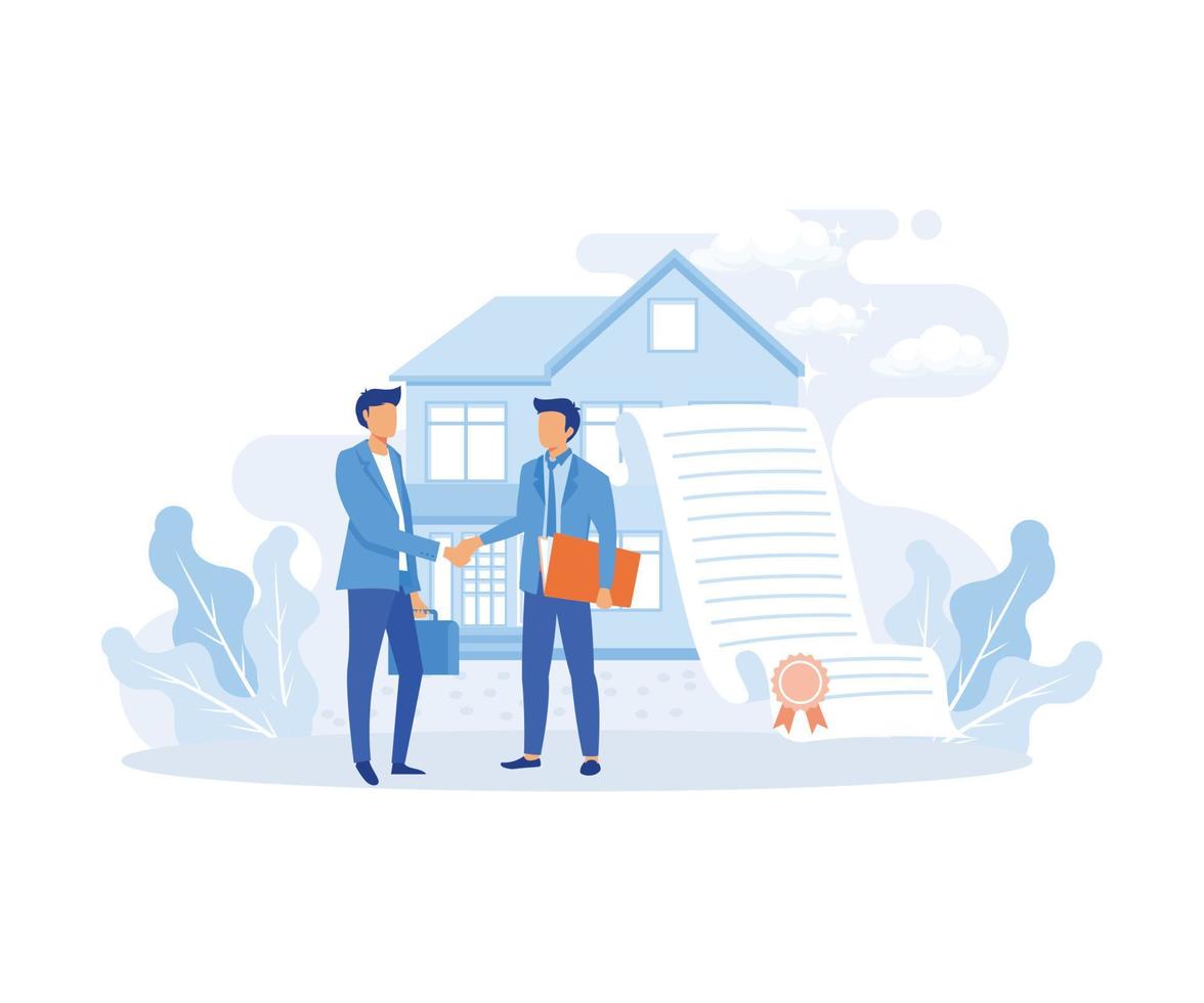 Mortgage process illustration. Characters buying property with mortgage, receiving bank approval, signing contact and legal documents. flat vector illustration