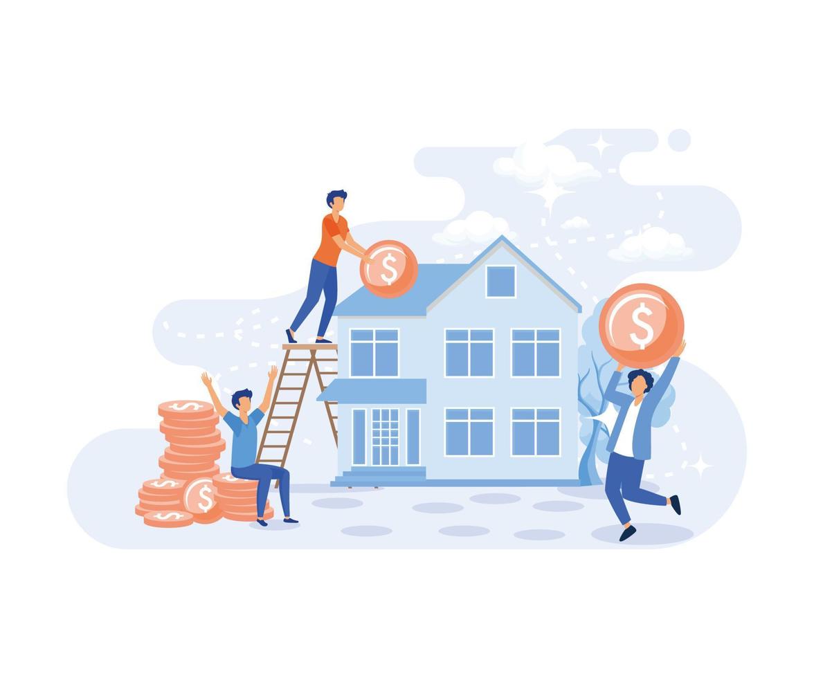 Mortgage process illustration. Characters buying property with mortgage, receiving bank approval, signing contact and legal documents. flat vector illustration