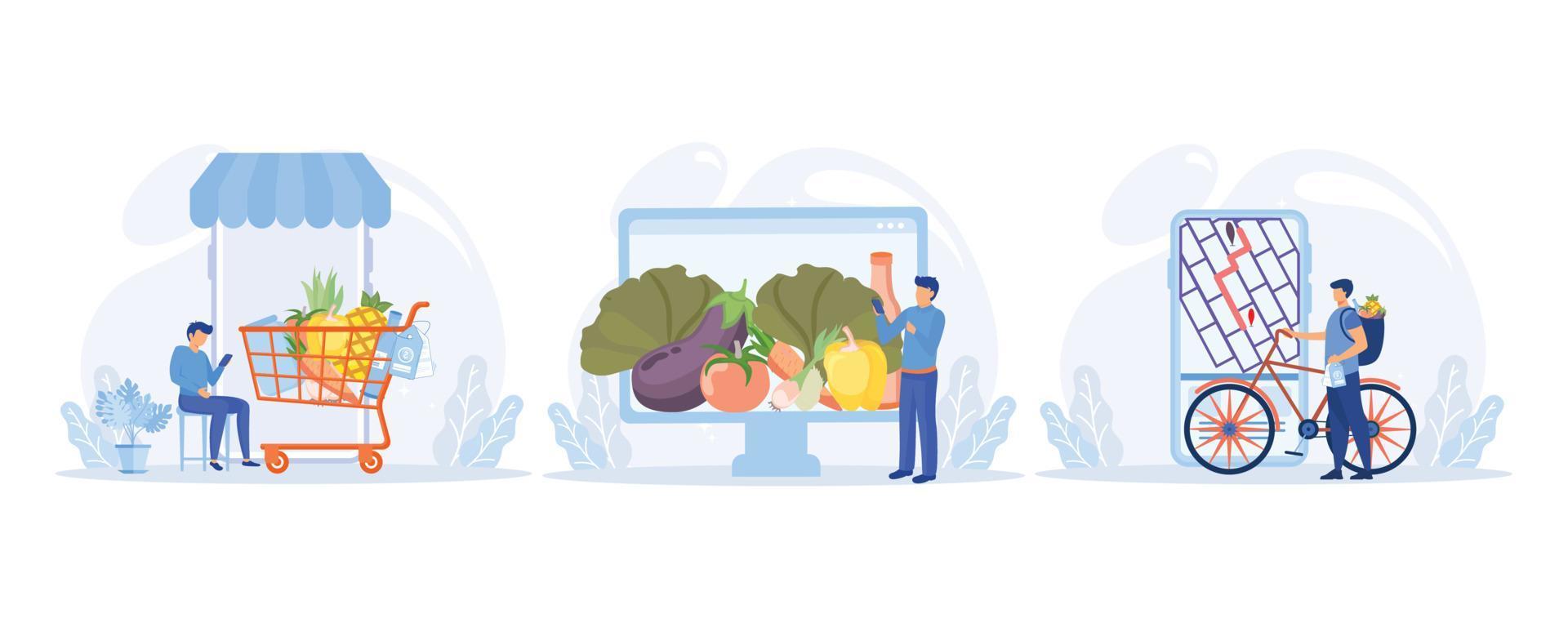 Grocery food delivery illustration set. Character buying online fresh organic vegetables and grocery items, putting in shopping basket or trolley and receiving delivery. vector