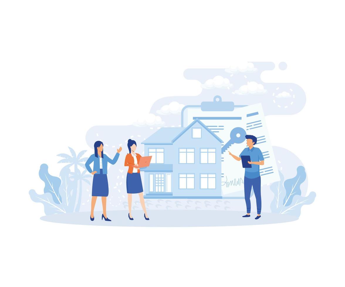 Mortgage process illustration. Characters buying property with mortgage, receiving bank approval, signing contact and legal documents. flat vector illustration