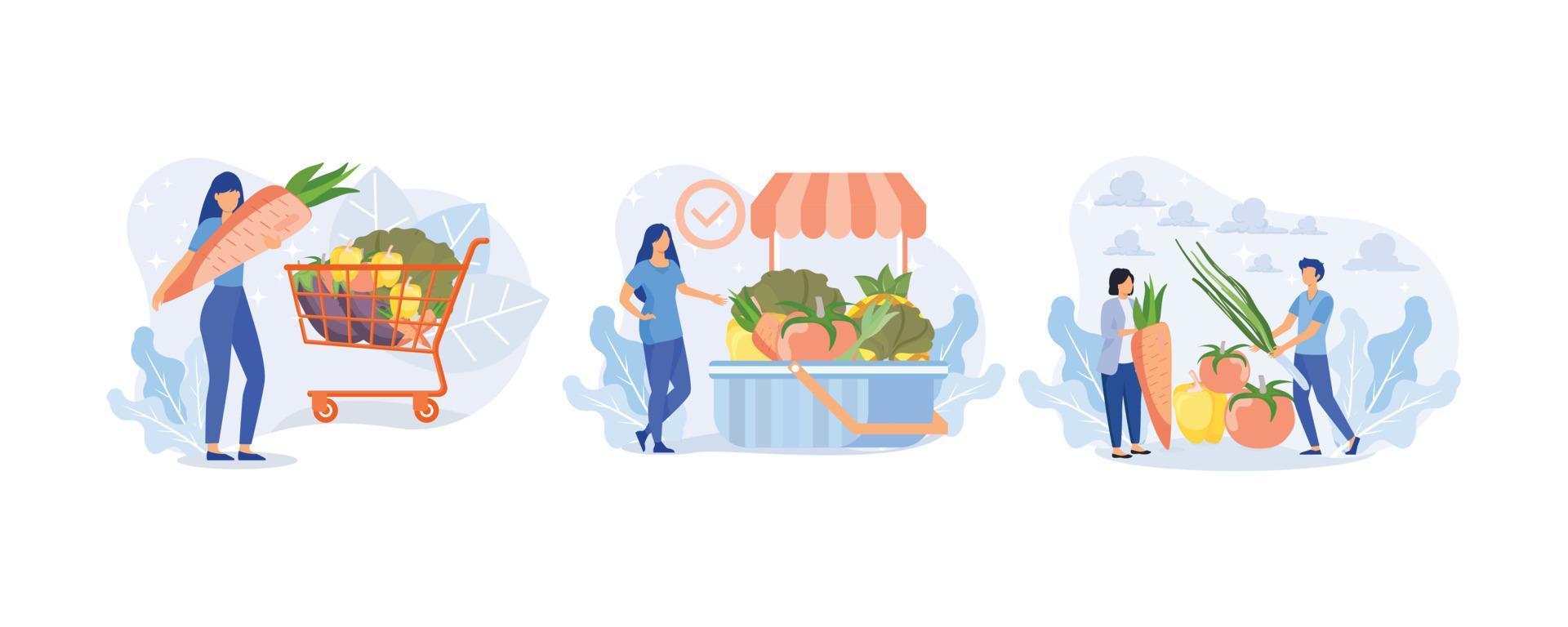 conjunto de ilustración de verduras de supermercado. personaje comprando en línea y poniendo en la cesta de la compra o en el carrito verduras frescas y artículos de abarrotes. comida de supermercado y concepto de alimentación saludable. vector